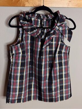NWT Talbots Plaid Ruffled Sleeveless Bow Neck Top - Black Multi